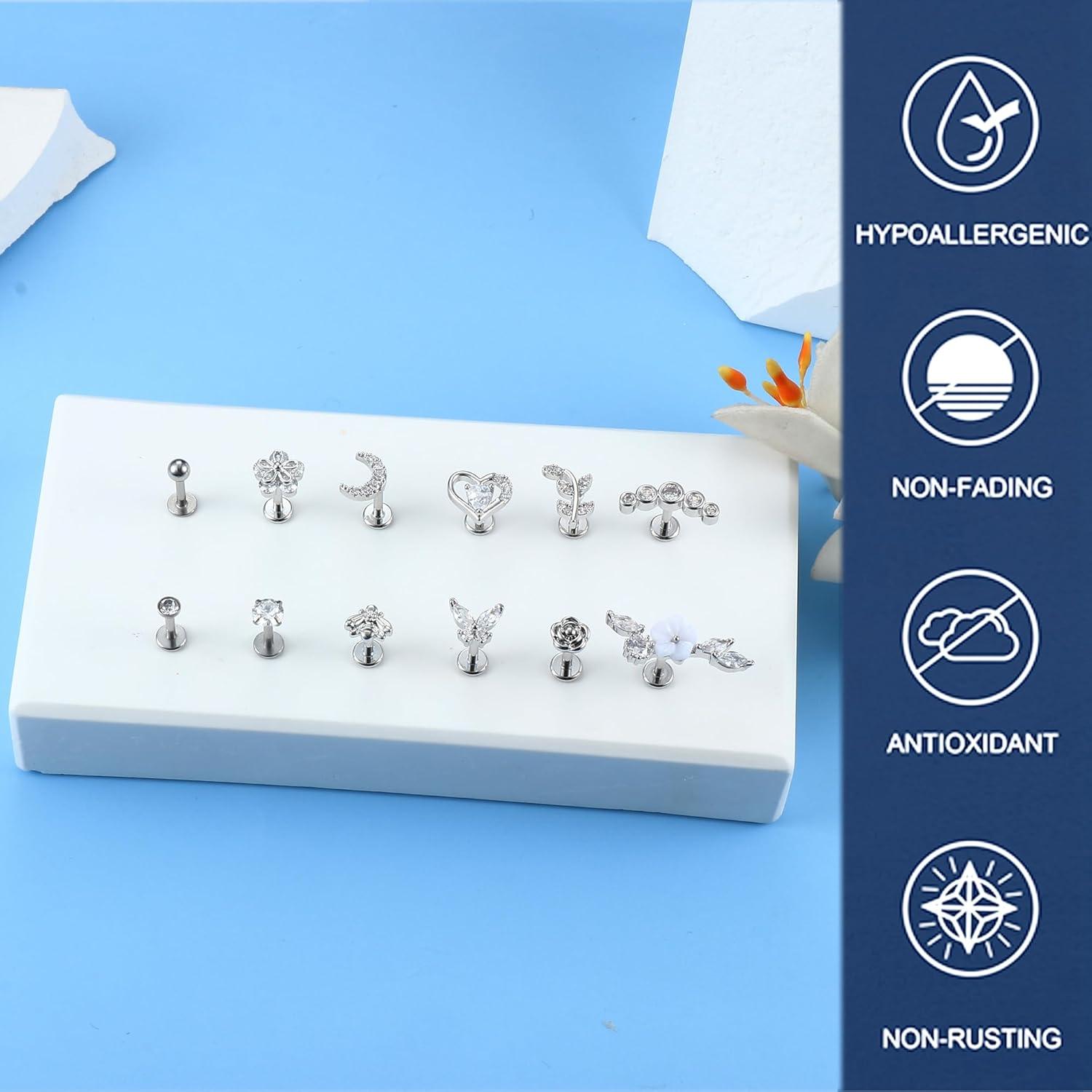 12er Set Tragus Helix Chirurgenstahl Zirkonia Piercing Ohrringe Damen