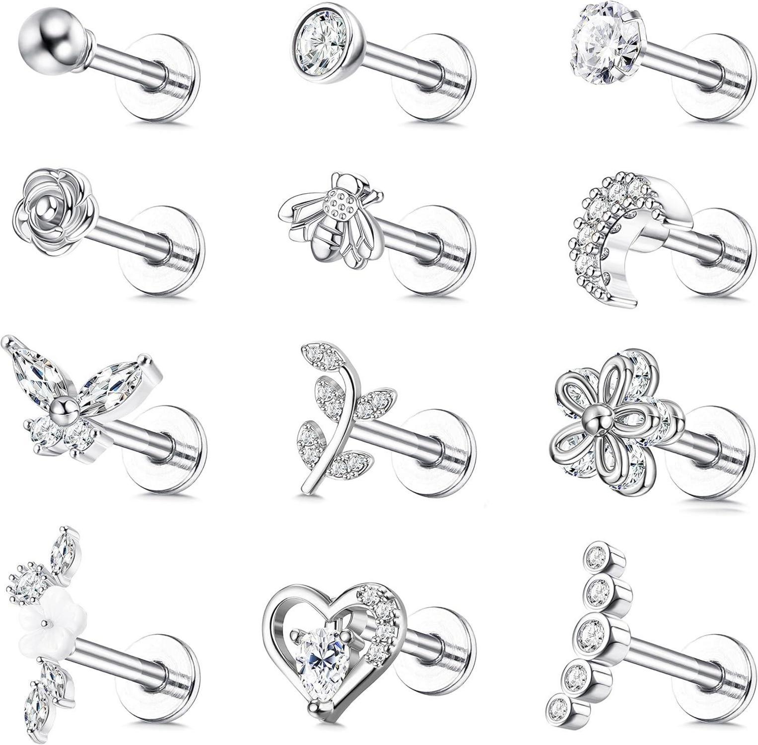 Piercing Ohrringe Set Tragus Helix Knorpel Zirkonia 12 Stück Silber