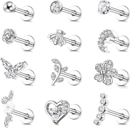 Piercing Ohrringe Set Tragus Helix Knorpel Zirkonia 12 Stück Silber