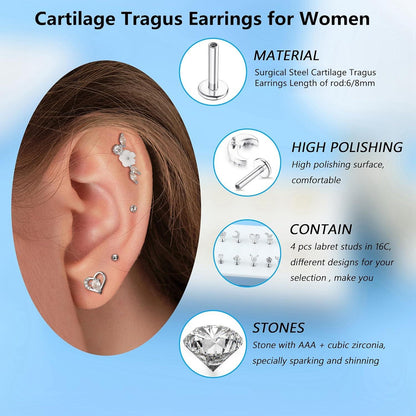 Piercing Ohrringe Set Tragus Helix Knorpel Zirkonia 12 Stück Silber