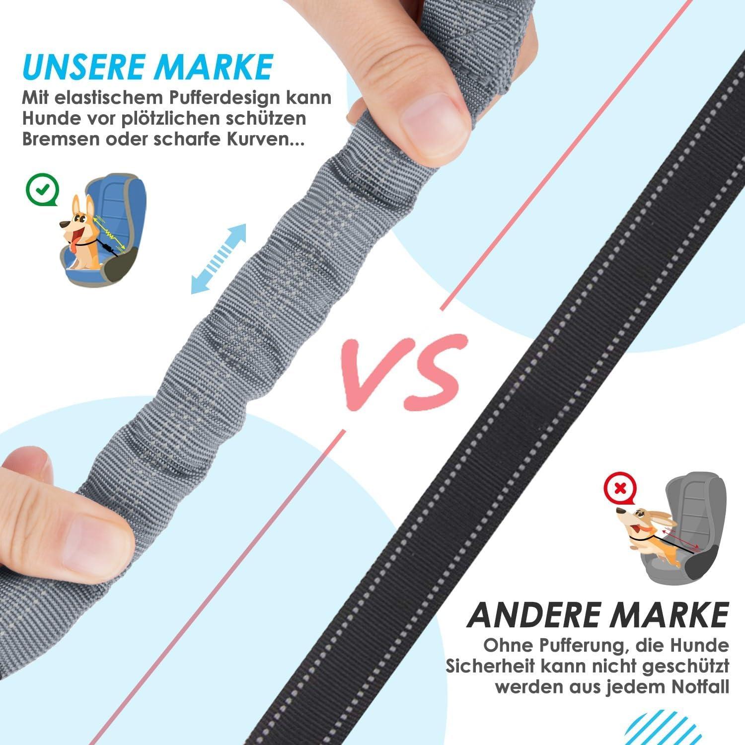 SlowTon Hund Auto Anschnallgurt 2in1 elastisch reflektierend sicher Grau