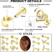 12er Set Tragus Piercing Ohrringe Chirurgenstahl Zirkonia
