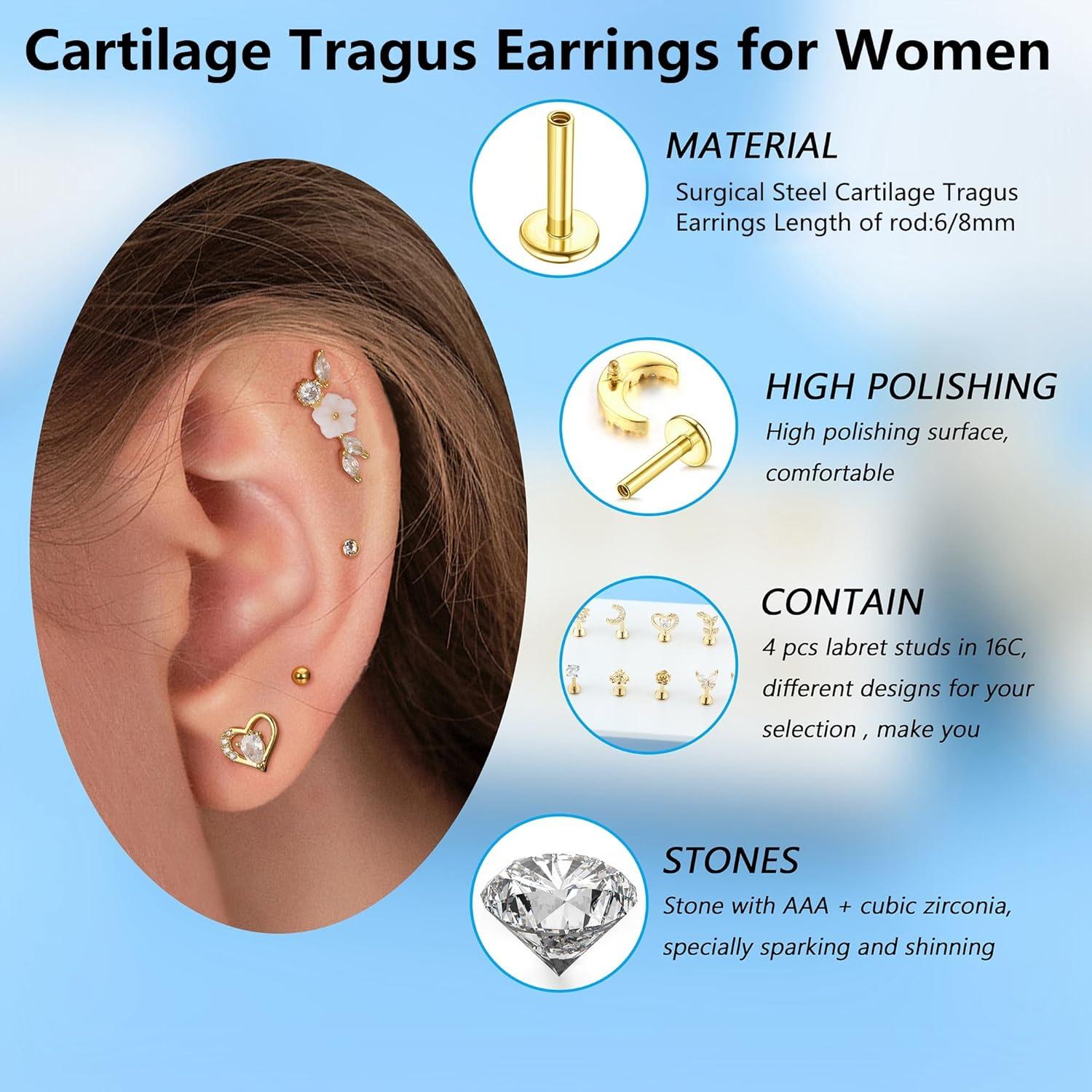 Tragus Helix Piercing Ohrringe 12 Stück Chirurgenstahl Zirkonia