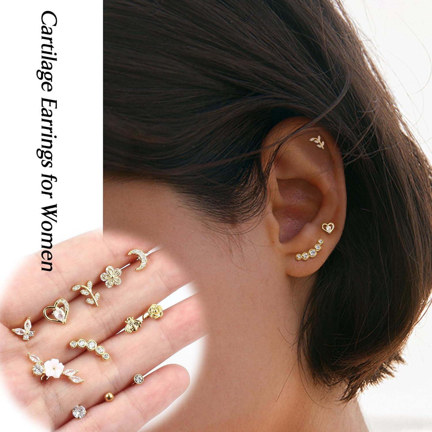 Tragus Helix Piercing Set 16G Knorpel Zirkonia Piercing Ohrstecker 12er Set