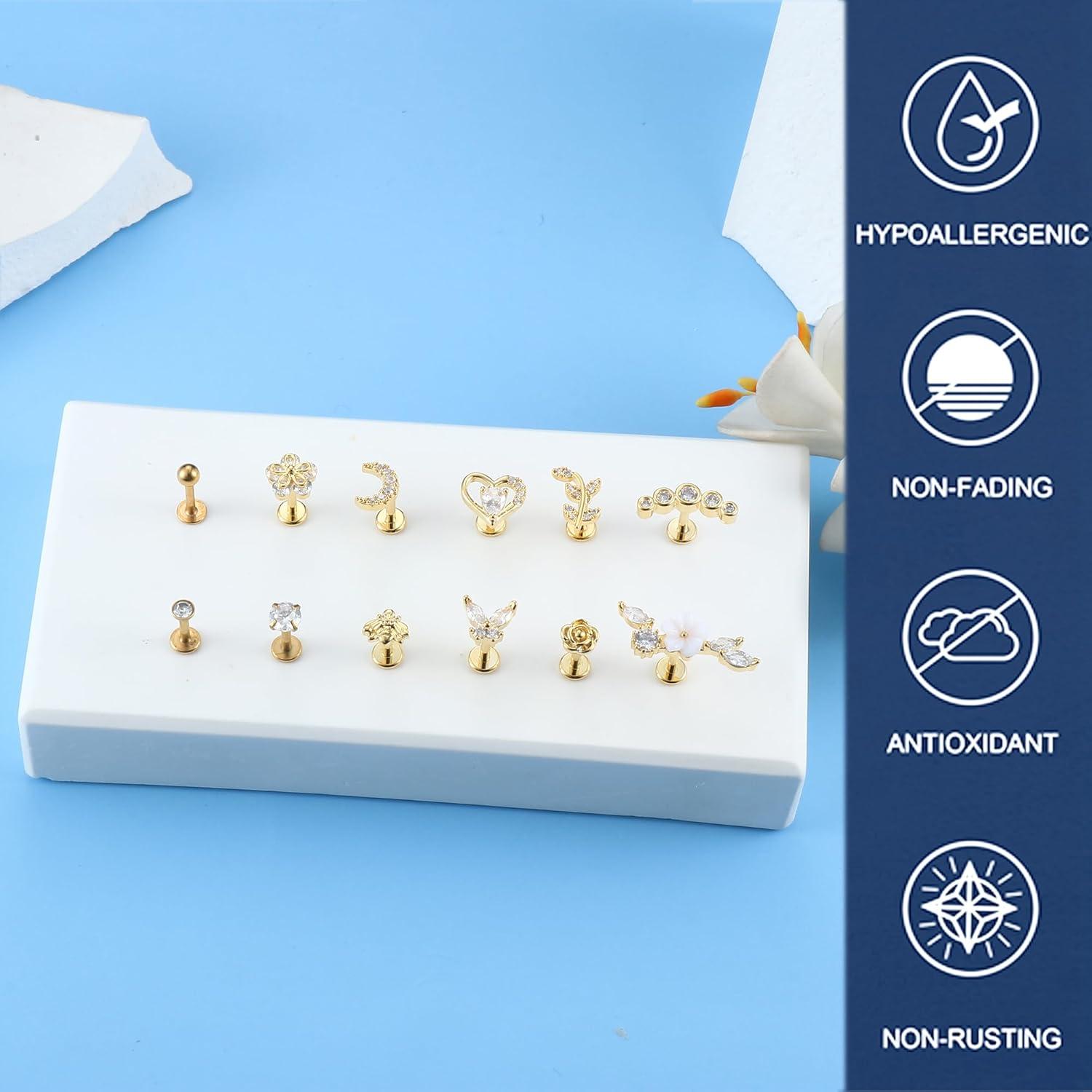 Tragus Helix Piercing Set 16G Knorpel Zirkonia Piercing Ohrstecker 12er Set