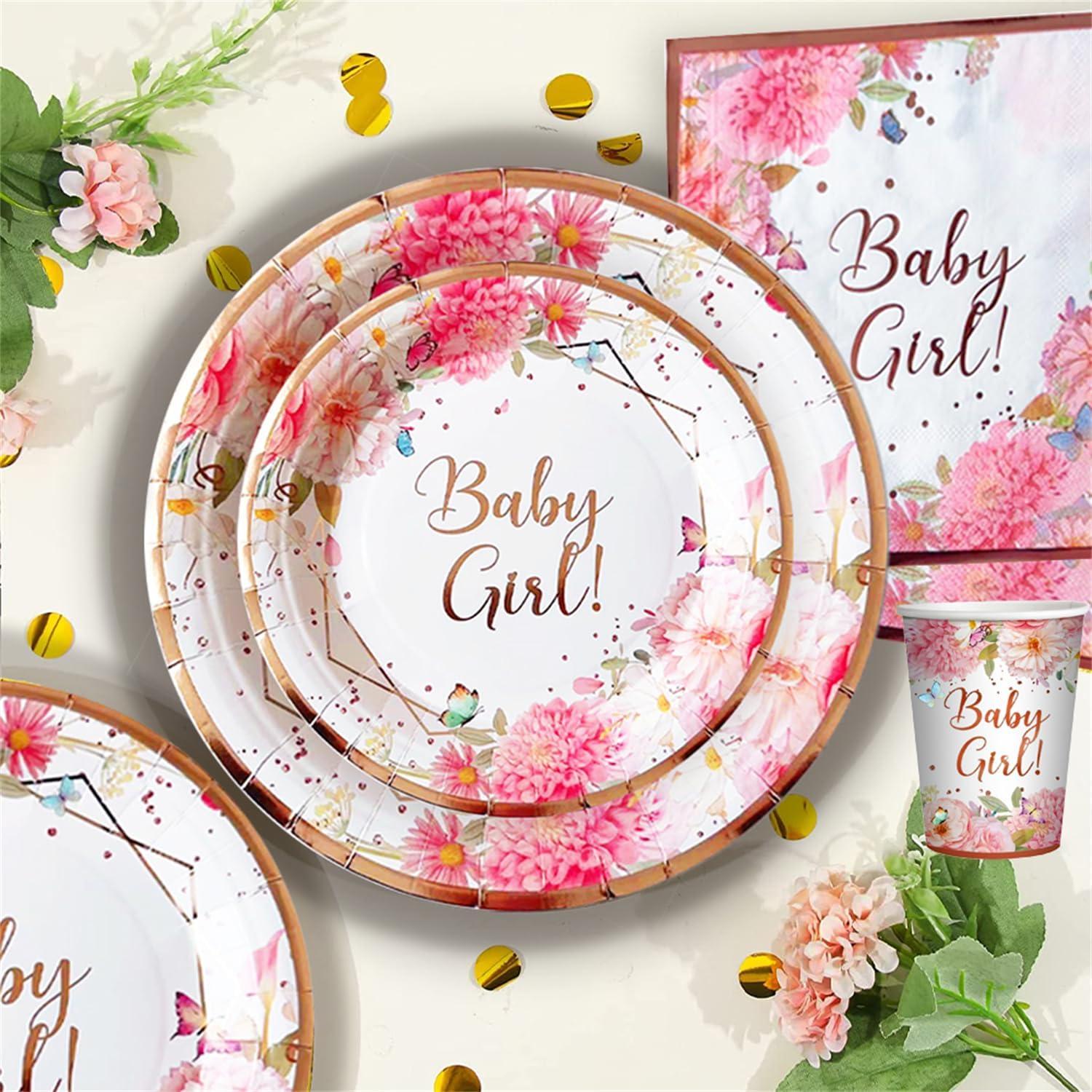 Babyparty Deko Set 24 Gäste Rosa Gold Pappteller Becher Servietten