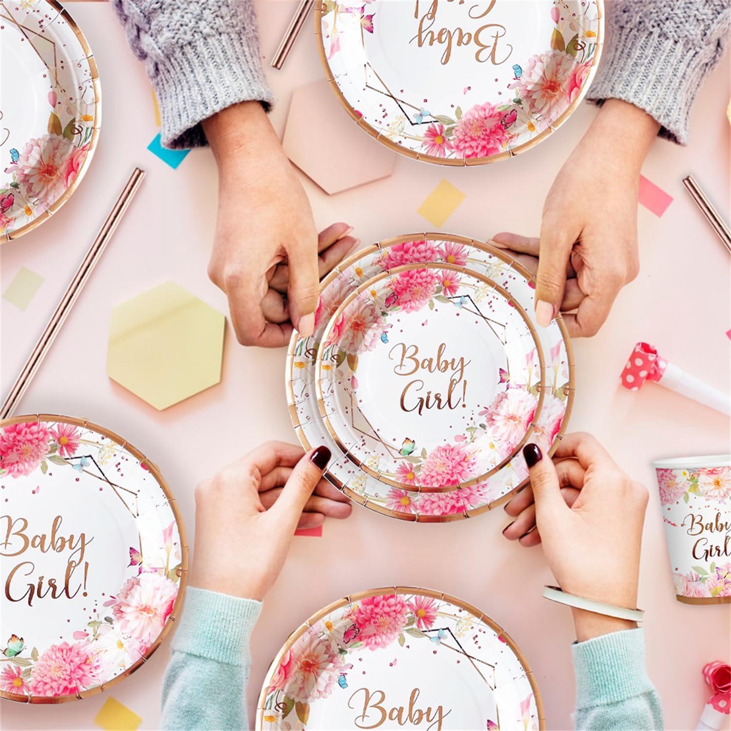 Luobito Babyparty Deko Mädchen 120tlg. Rosa Gold Partygeschirr