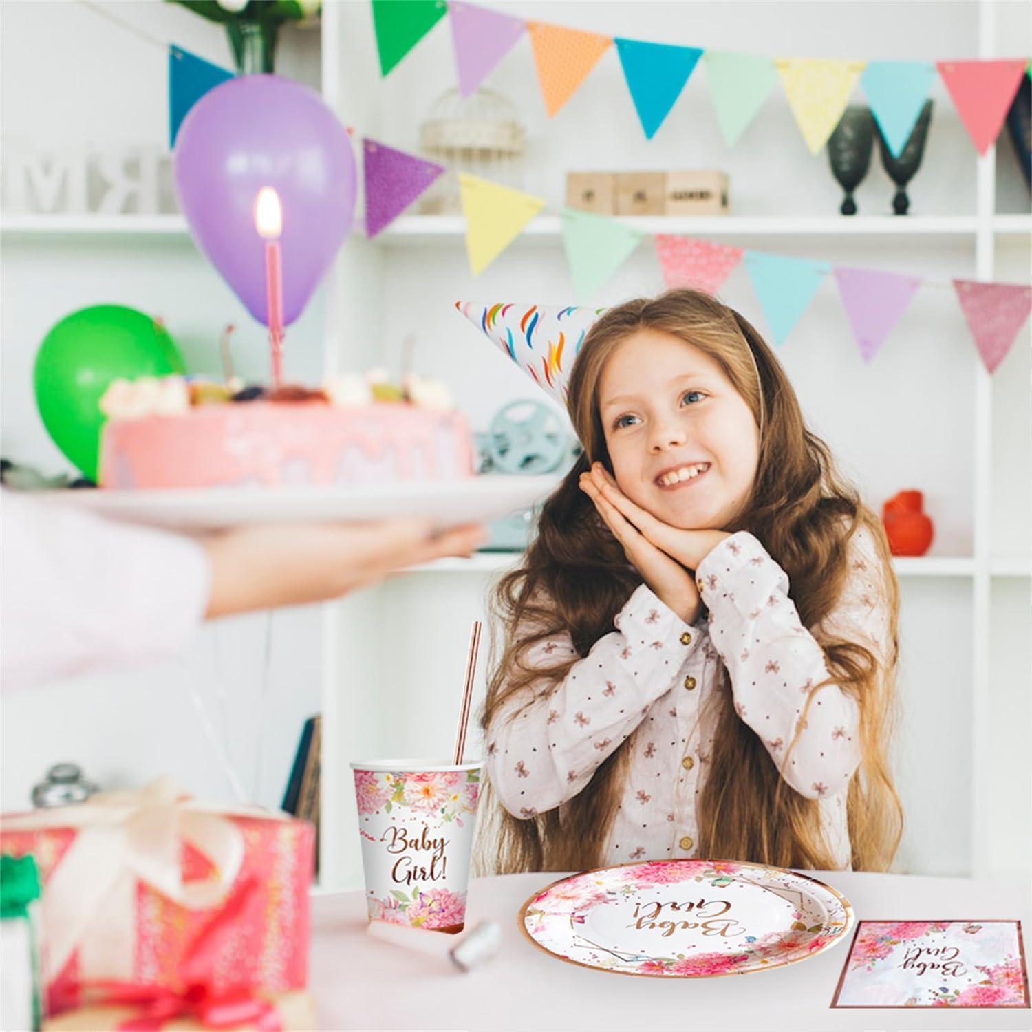 Luobito Babyparty Deko Mädchen 120tlg. Rosa Gold Partygeschirr