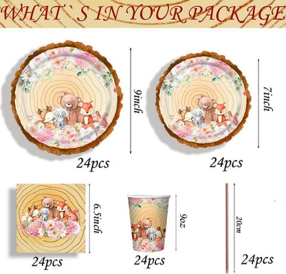 Waldtiere Babyparty Deko Set 24 Gäste Rose Gold 120 Stück