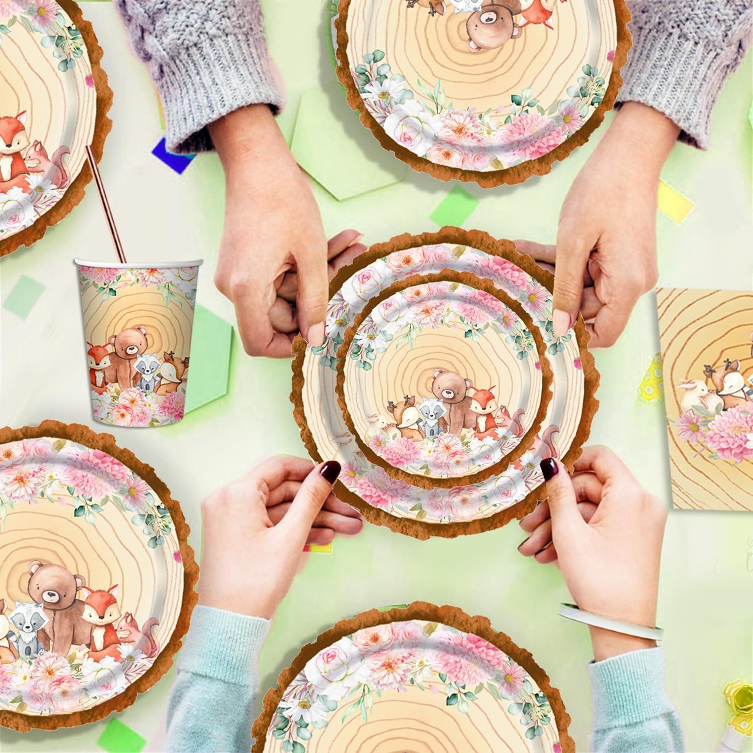 Waldtiere Babyparty Deko Set 24 Gäste Rose Gold Pappteller Becher Servietten