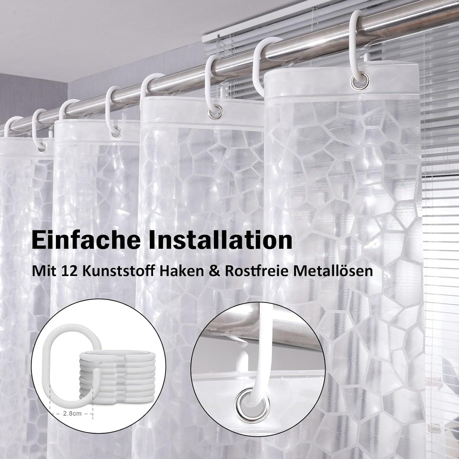 Duschvorhang 180x220cm Antischimmel Transparent Wasserdicht mit Magneten