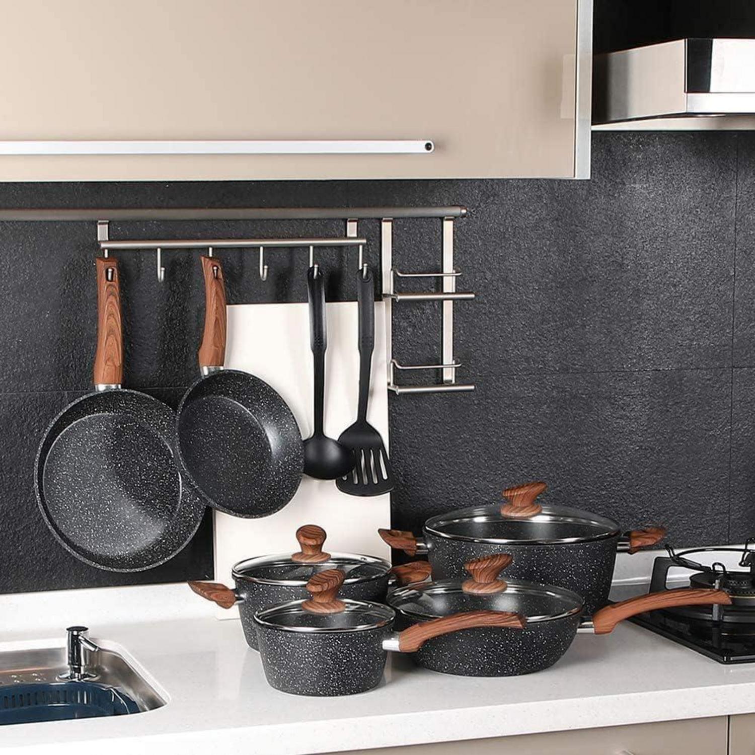 12-teiliges Induktions-Kochtöpfe Set, Schwarze Granit Antihaft Pfannen Set