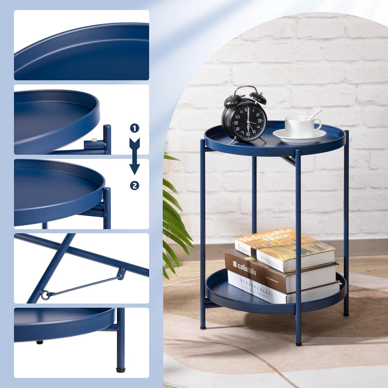 Beistelltisch Rund Metall, 2 Ebenen Dunkelblau für Wohnzimmer,Schlafzimmer,Terrasse