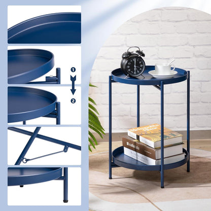Beistelltisch Rund Metall, 2 Ebenen Dunkelblau für Wohnzimmer,Schlafzimmer,Terrasse