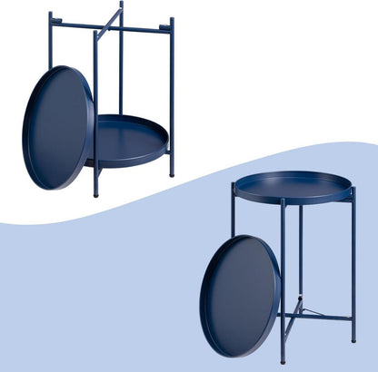 Beistelltisch Rund Metall 2 Ebenen Snacktisch Dunkelblau Wohnzimmer Outdoor