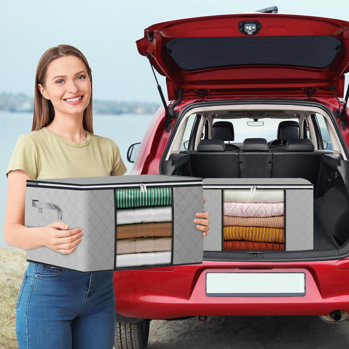 Aufbewahrungstaschen 4er Set 90L mit Fenster & Griffen, Grau