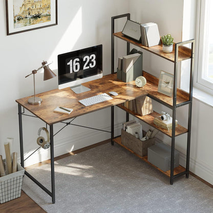 Schreibtisch mit Regal, Eckschreibtisch, L-förmiger Computertisch, Bürotisch, Braun 120cm