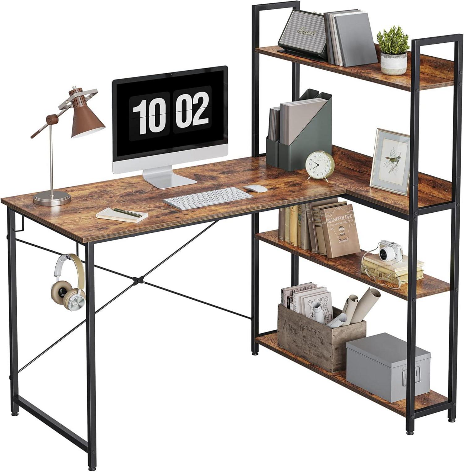 CubiCubi L-förmiger Schreibtisch mit Regal und Ablagefächern 120cm Braun