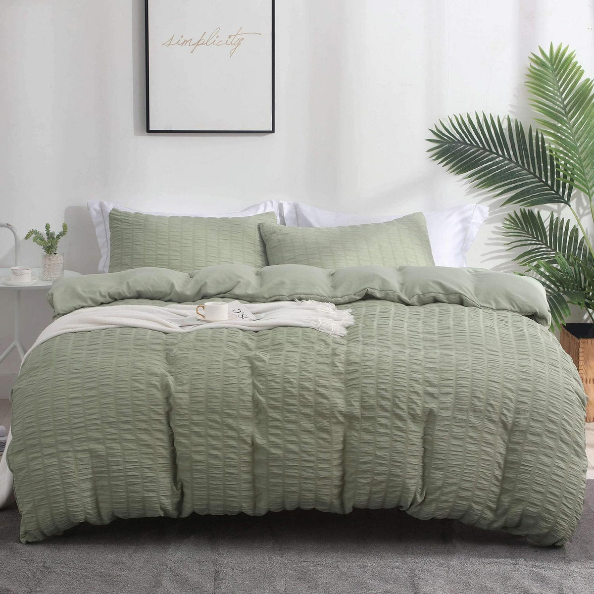 Seersucker Bettwäsche Set 200x200 cm Grün – Atmungsaktiv & Kühlend