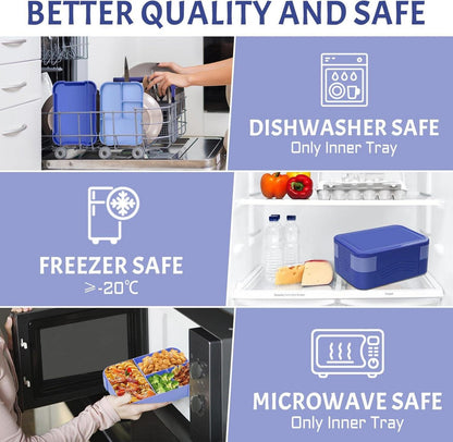 Auslaufsichere Bento Box 1550ml Stapelbar 6 Fächer & Besteck Blau