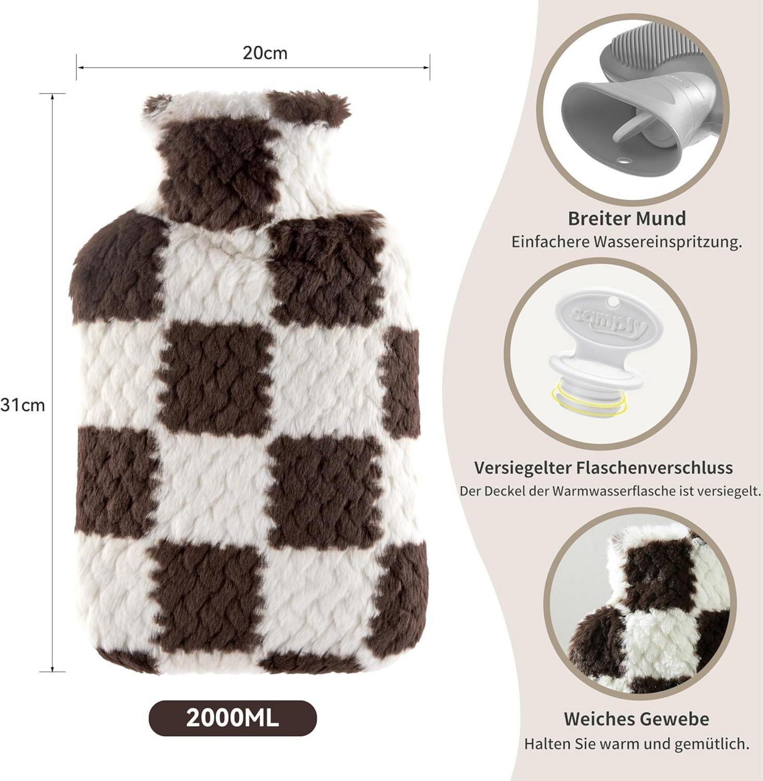 Wärmflasche 2l mit Bezug - Große Bettflasche flauschig, Geschenk