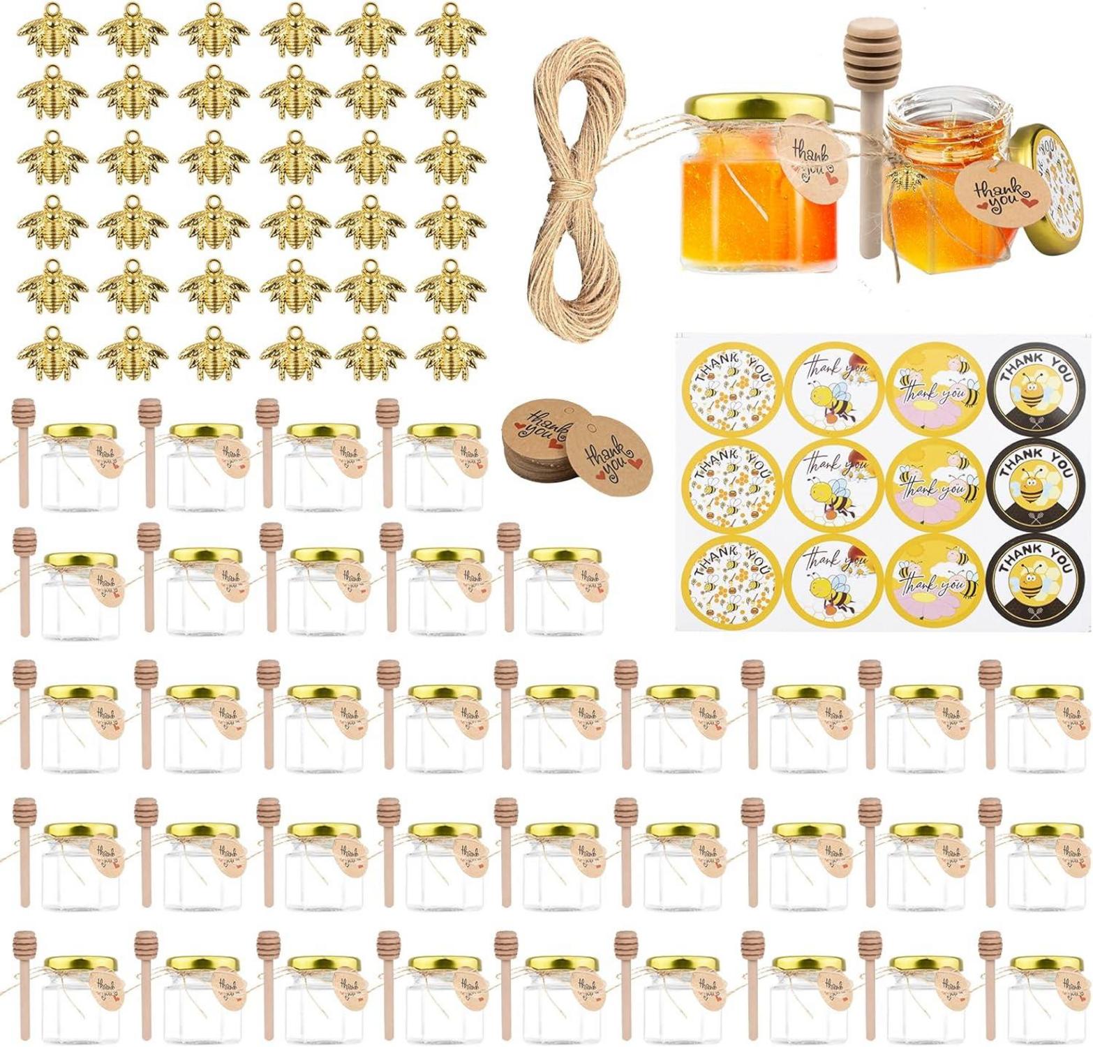 36er Mini Honiggläser Set mit Deckel, Holzlöffel, Aufkleber