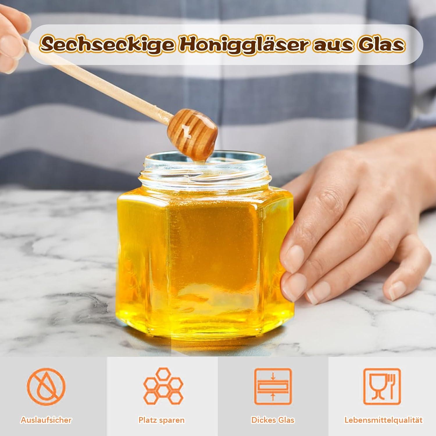 36er Mini Honiggläser Set mit Deckel, Holzlöffel, Aufkleber