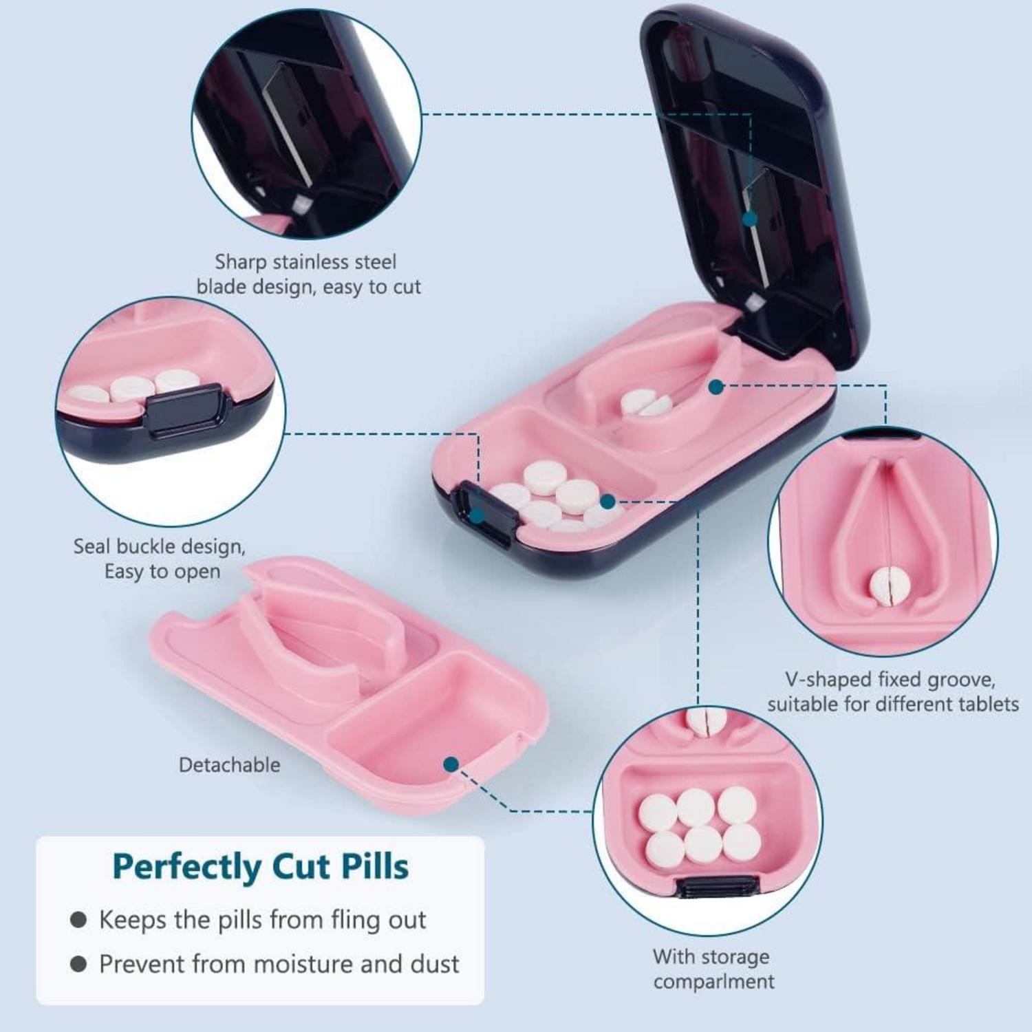 Tablettenteiler mit Aufbewahrungsfach und scharfen Klingen