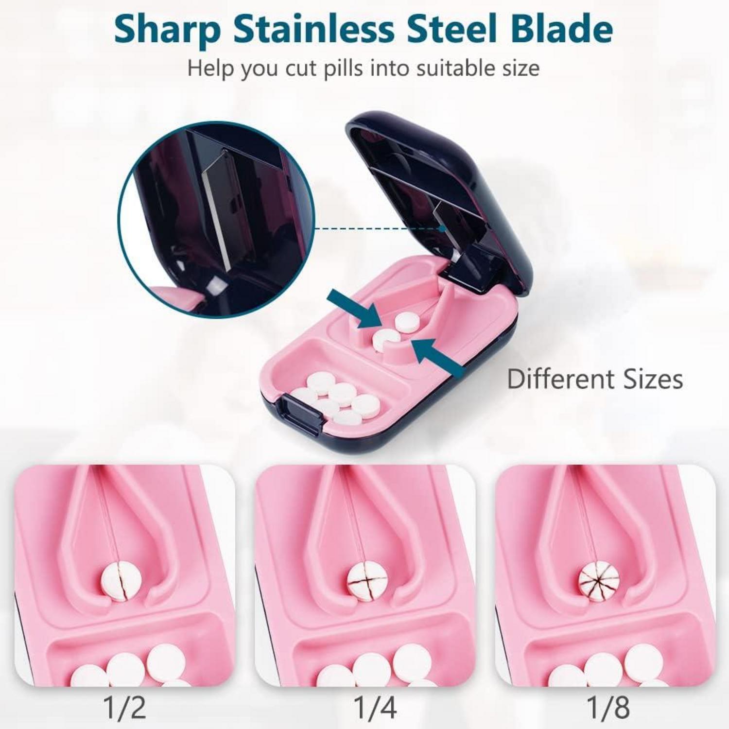 Tablettenteiler mit Aufbewahrungsfach und scharfen Klingen, Blau