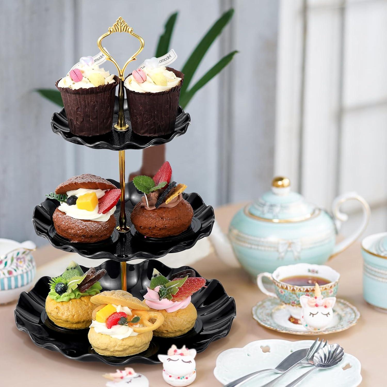 3-stöckiger Cupcake-Ständer Schwarz/Weiß Kunststoff - Dessertteller Servierplatte