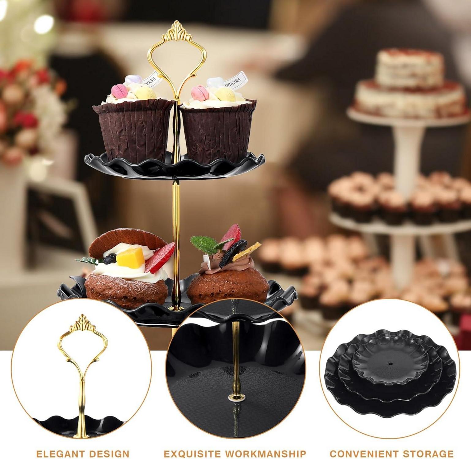 3-stöckiger Kuchenständer Cupcake-Halter Schwarz Weiß Kunststoff