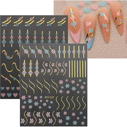 Nagelsticker Herz Linien Blumen – 9 Blatt Nail Art Aufkleber