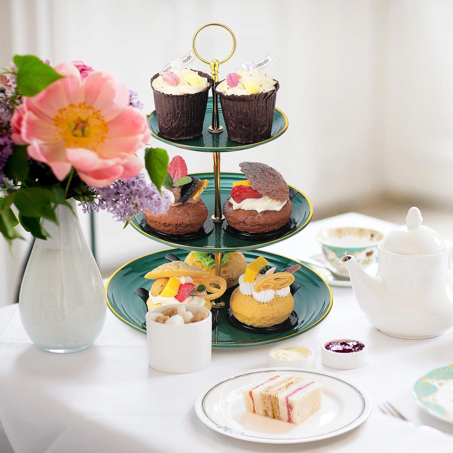 3-stöckiger Cupcake Dessert Kuchenständer Servierplatte Dunkelgrün Kunststoff