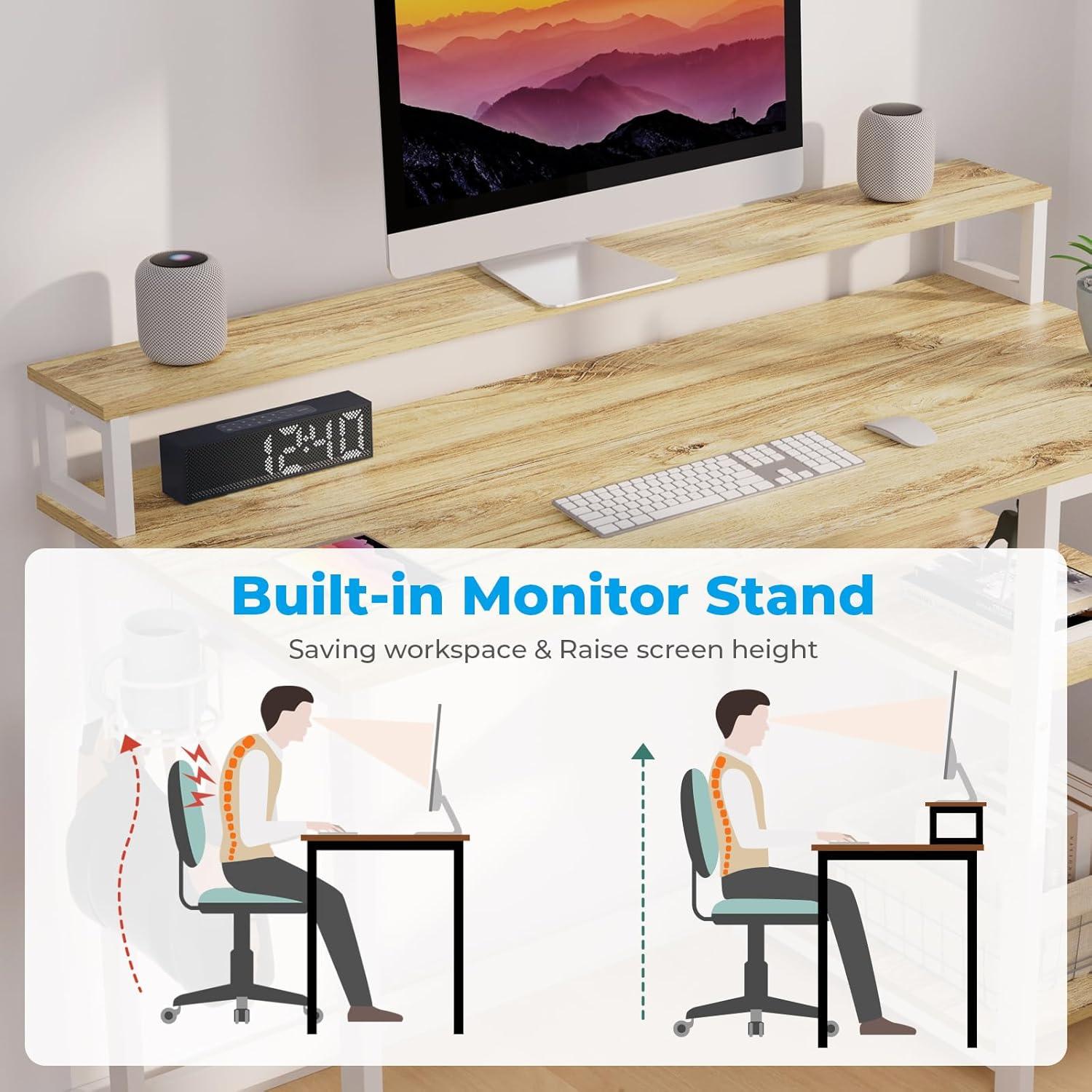 Kleiner Schreibtisch Holz Eiche mit Regal und Monitorständer Beige