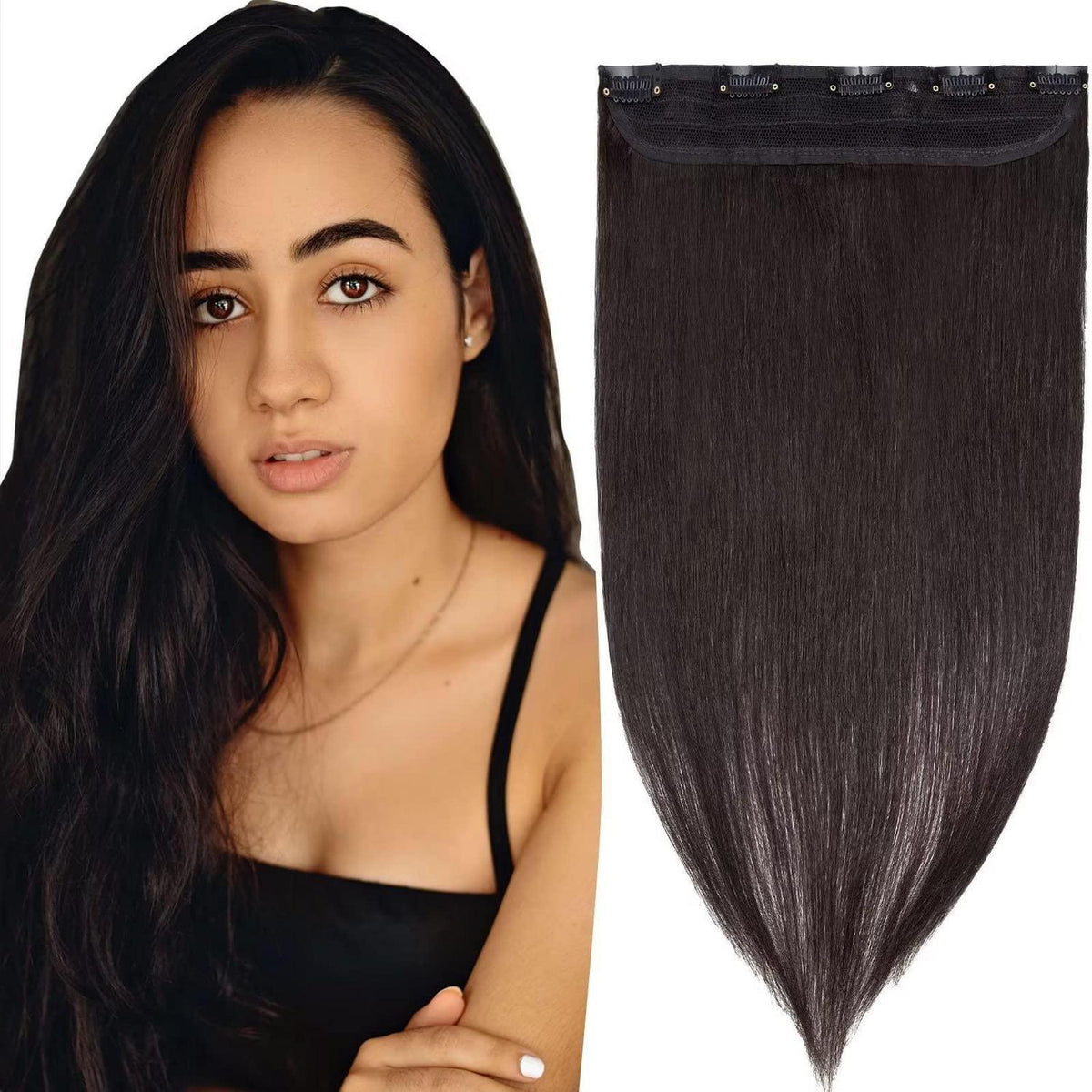Clip in Echthaar Haarverlängerung Schwarz 55 cm