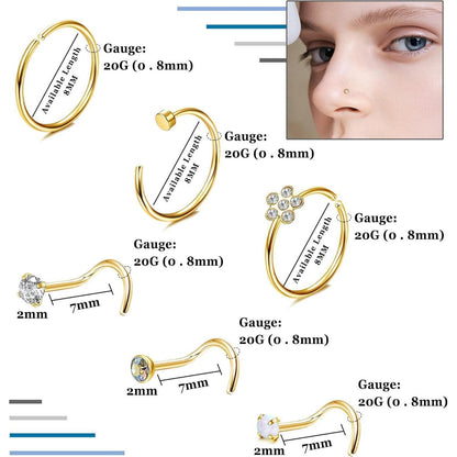 Nasenpiercing Set 26tlg. Chirurgenstahl mit Zirkonia, Gold & Silber