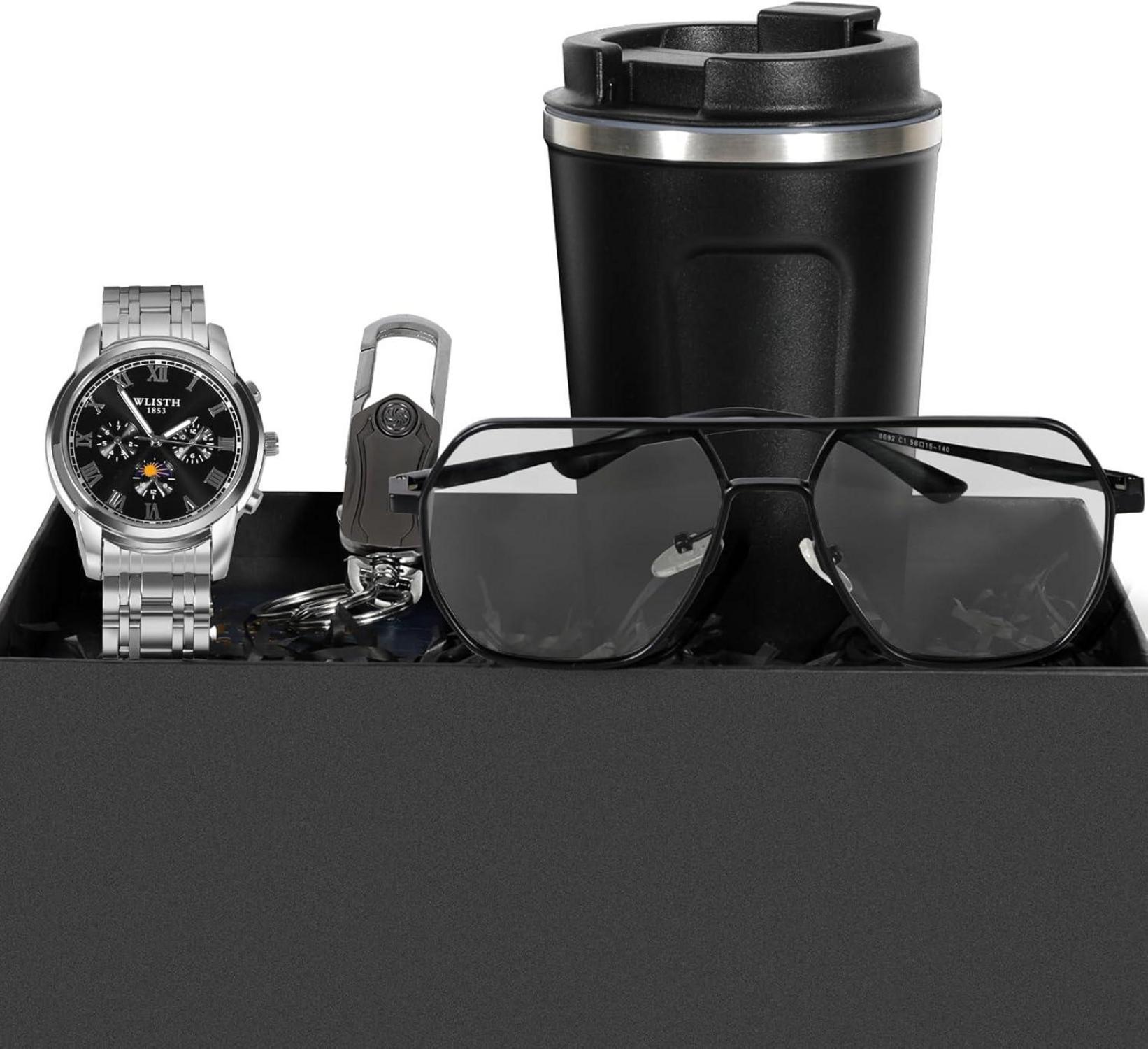 Geschenkset Herren Armbanduhr Schlüsselanhänger Sonnenbrille Blau