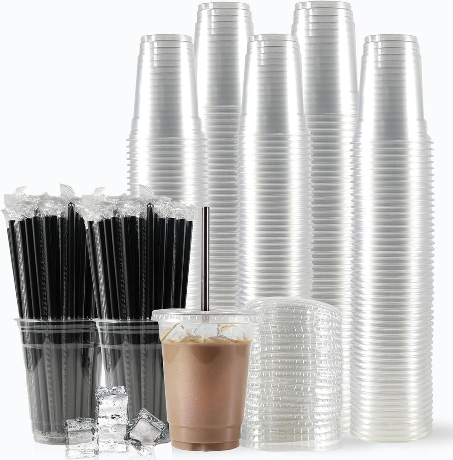 200er Set 350ml Plastikbecher mit Deckel für Eiskaffee und Getränke