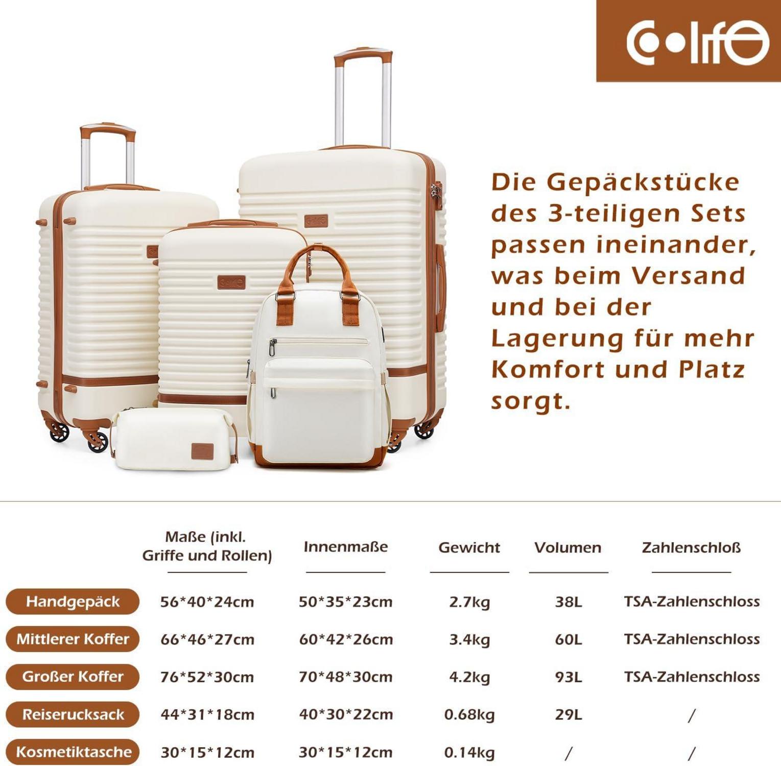 COOLIFE Koffer Trolley Set ABS Hartschalen 4 Rollen TSA-Schloss 3tlg