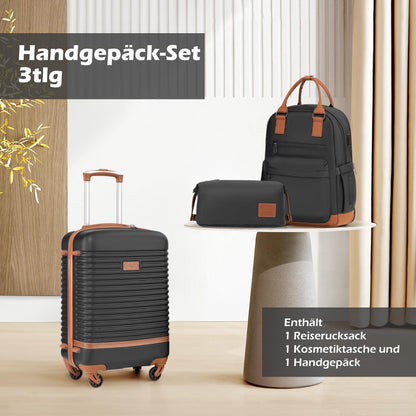 COOLIFE Handgepäck-Set 3tlg Schwarz ABS Hartschalen Trolley