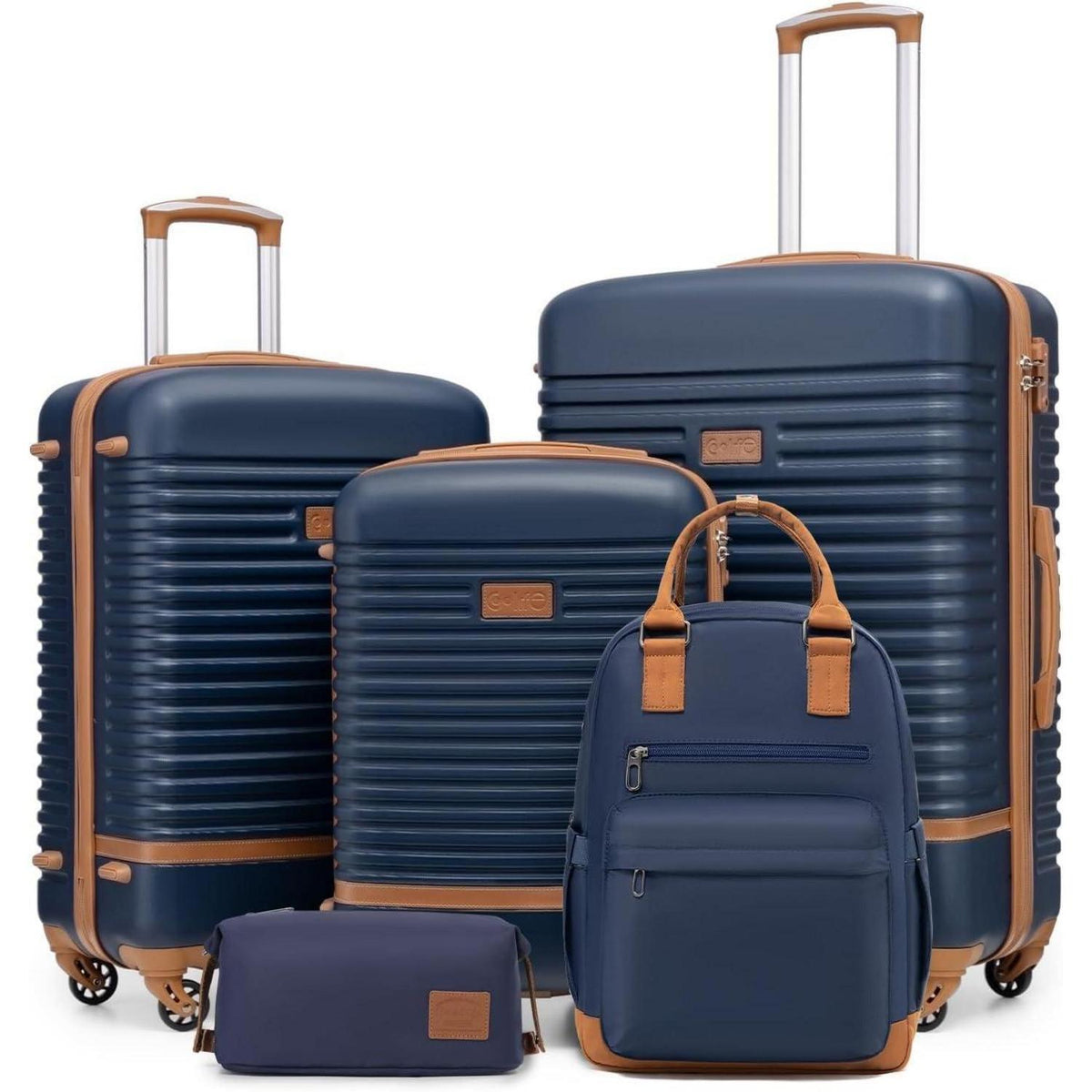 Reisekoffer-Set 5-teilig mit Rucksack und Kulturbeutel, Blau/Braun