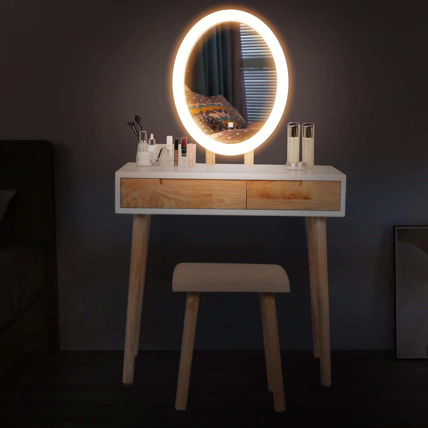 Schminktisch mit LED-Beleuchtung, Stuhl, Spiegel, 2 Schubladen, Helligkeit einstellbar