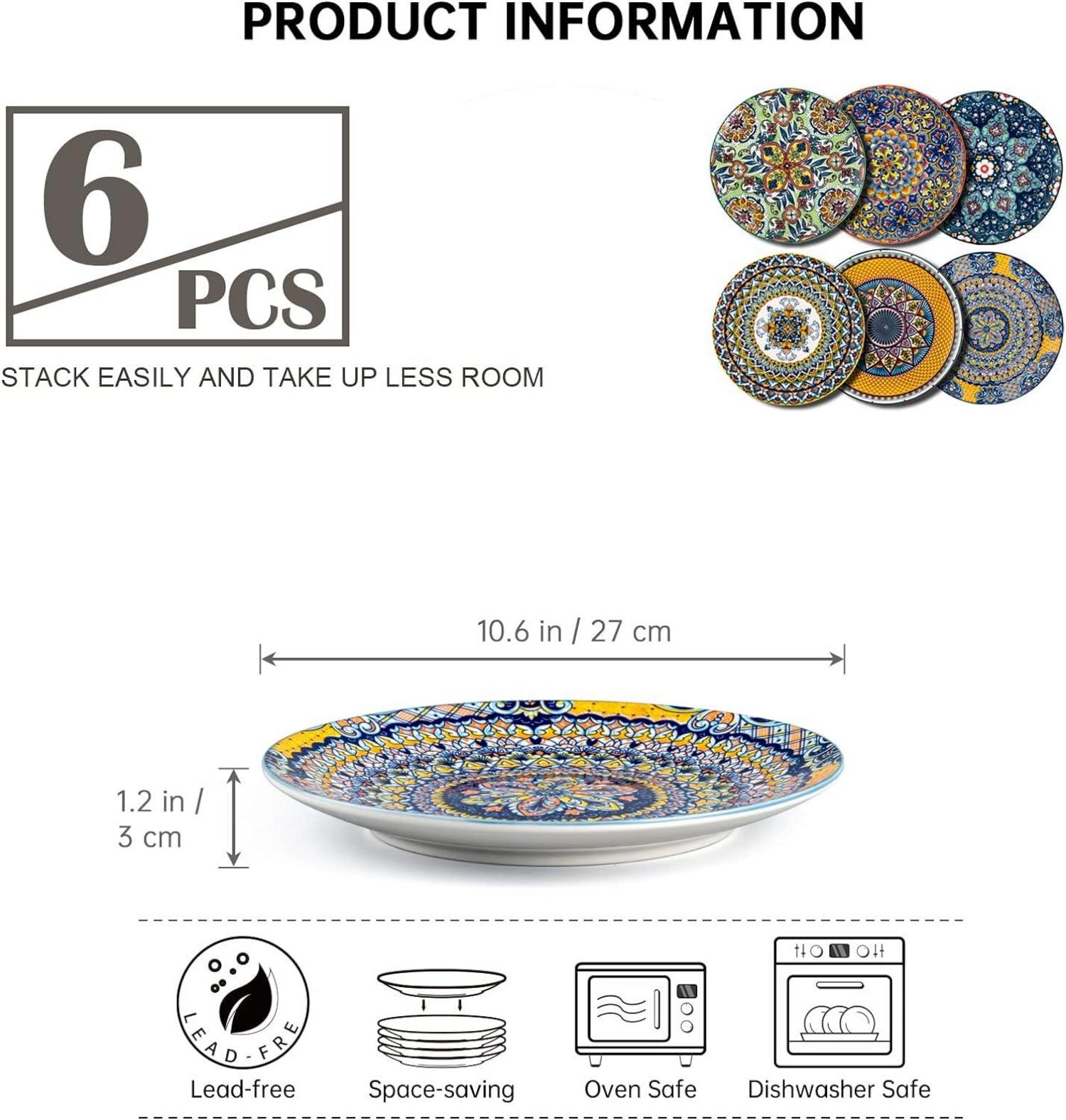 Porzellan Teller Set 27 cm Bunt Dessertteller 6er Bohemian