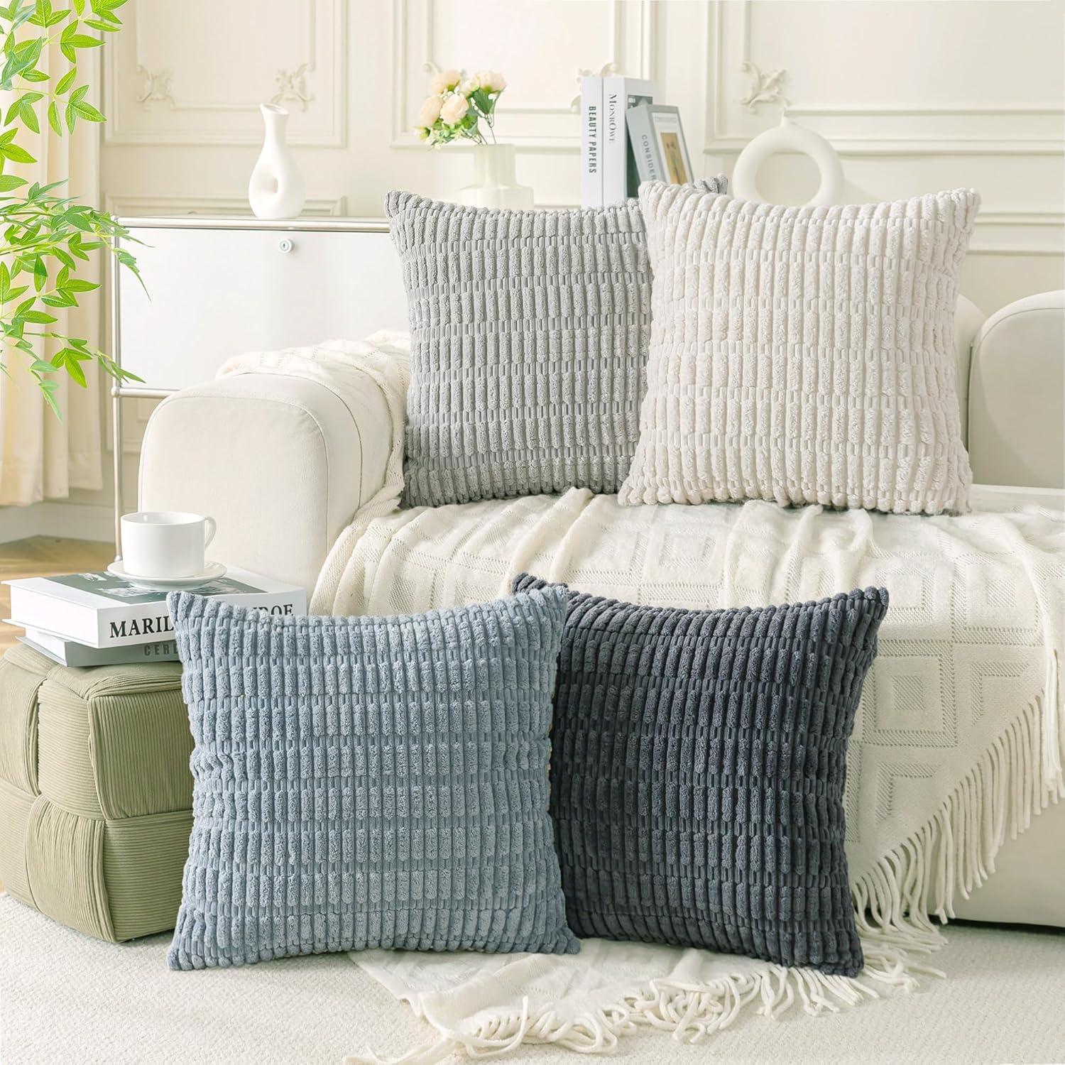 4er Set Deko Kissenbezug 40x40 cm Grau Kordsamt Sofakissen