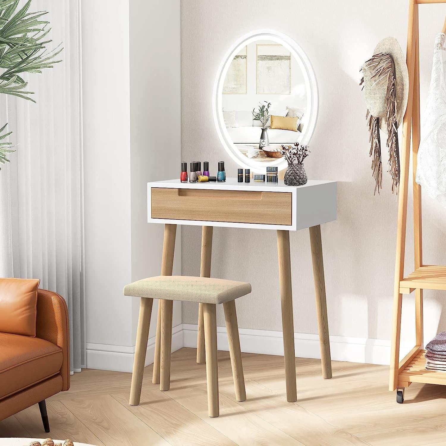 Schminktisch mit LED Spiegel und Hocker, Einstellbare Helligkeit, Schubladen, Vanity