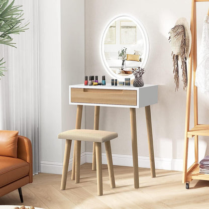 Schminktisch mit LED Spiegel und Hocker, Einstellbare Helligkeit, Schubladen, Vanity