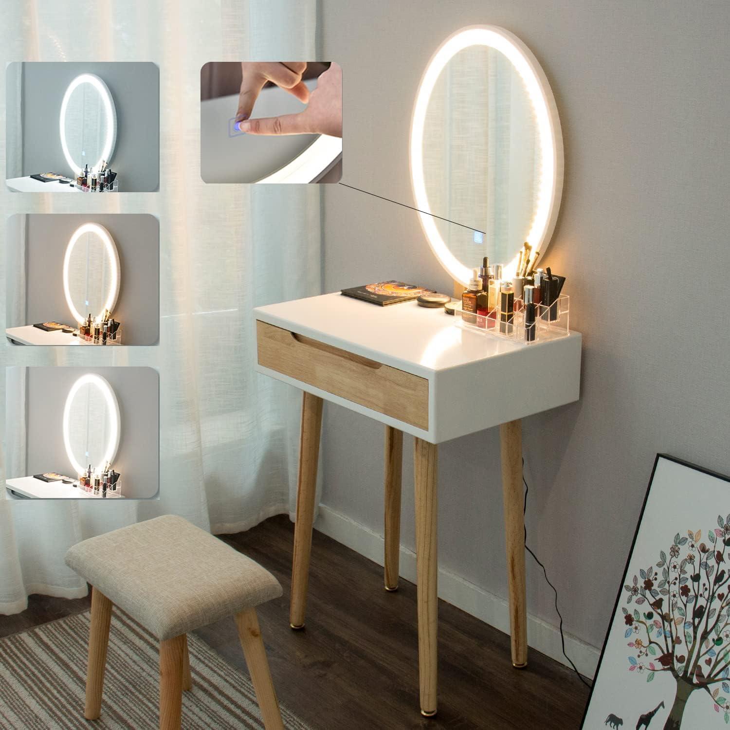 Schminktisch mit LED Spiegel und Hocker, Eiche