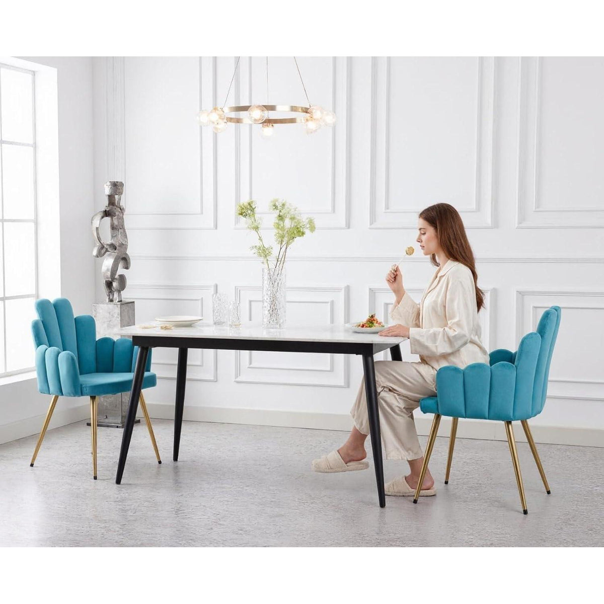 Samt Esszimmerstühle 2er Set mit Metallbeinen (Blau)