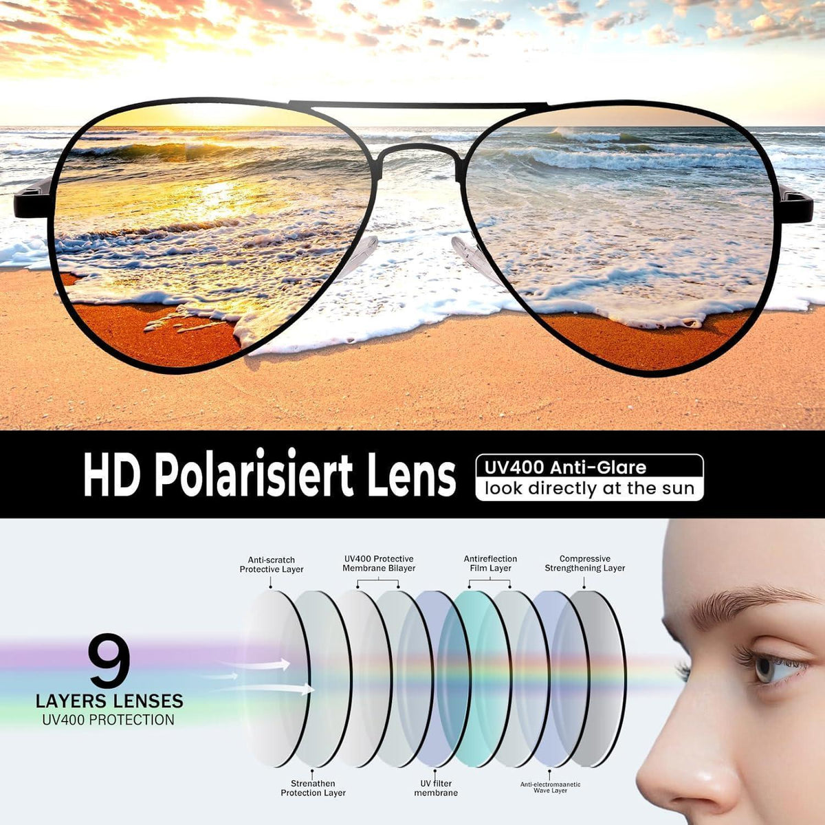 Polarisierte Pilotenbrille mit UV400 Schutz – Herren & Damen