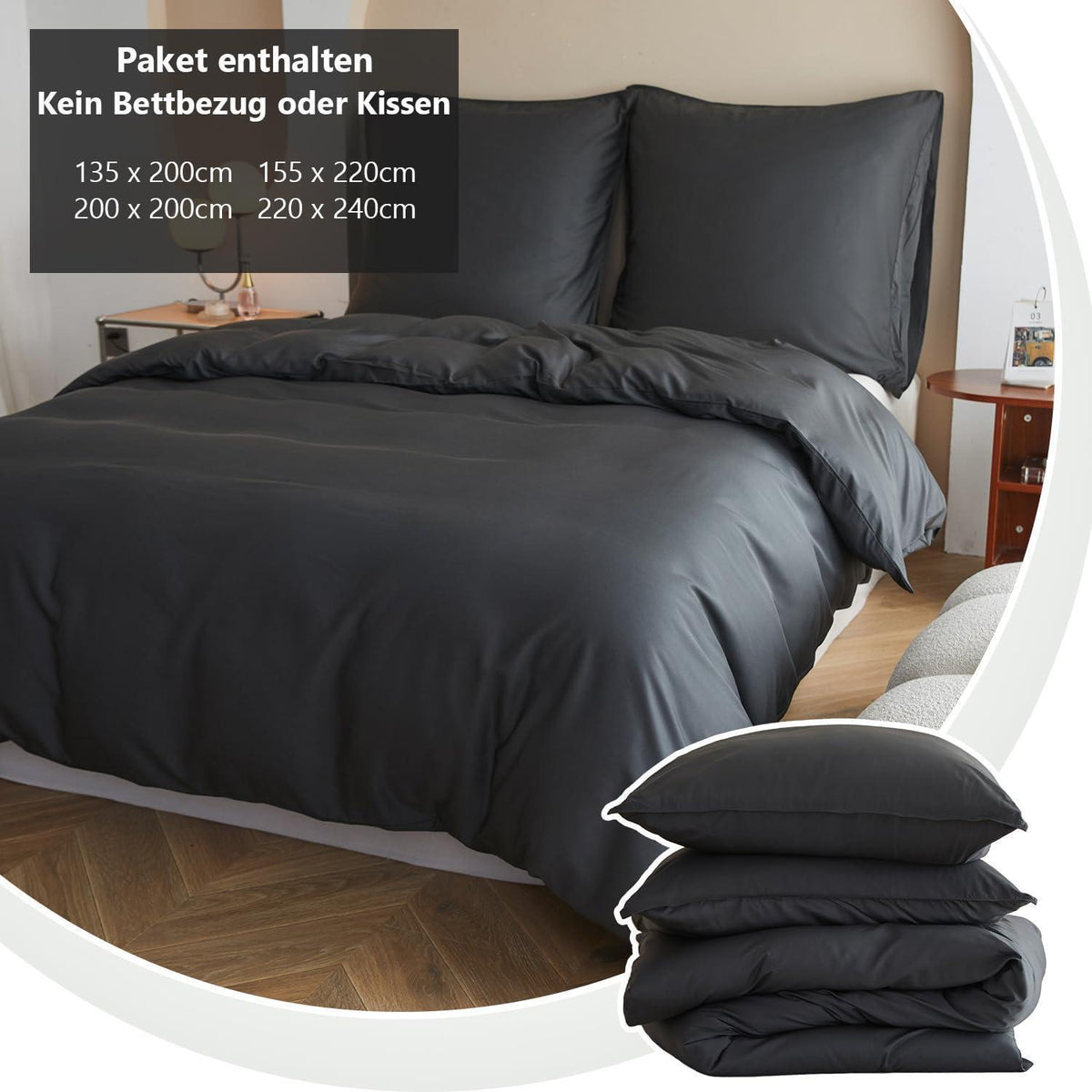 Bambus Bettwäsche-Set 200x200 cm Dunkelgrau – Seidig Weich & Kühl